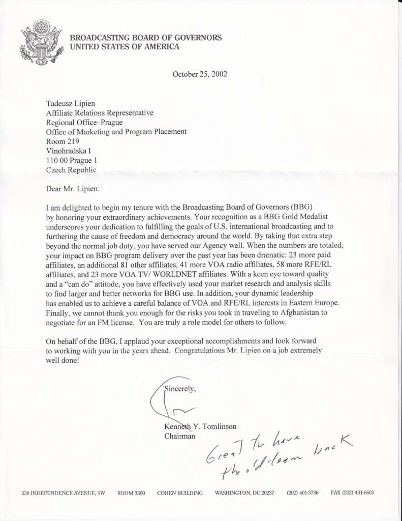 Letter from Broadcasting Board of Governors (BBG) Chair Kenneth Y. Tomlinson to Tadeusz Lipien on becoming a BBG Gold Medalist, October 25, 2002